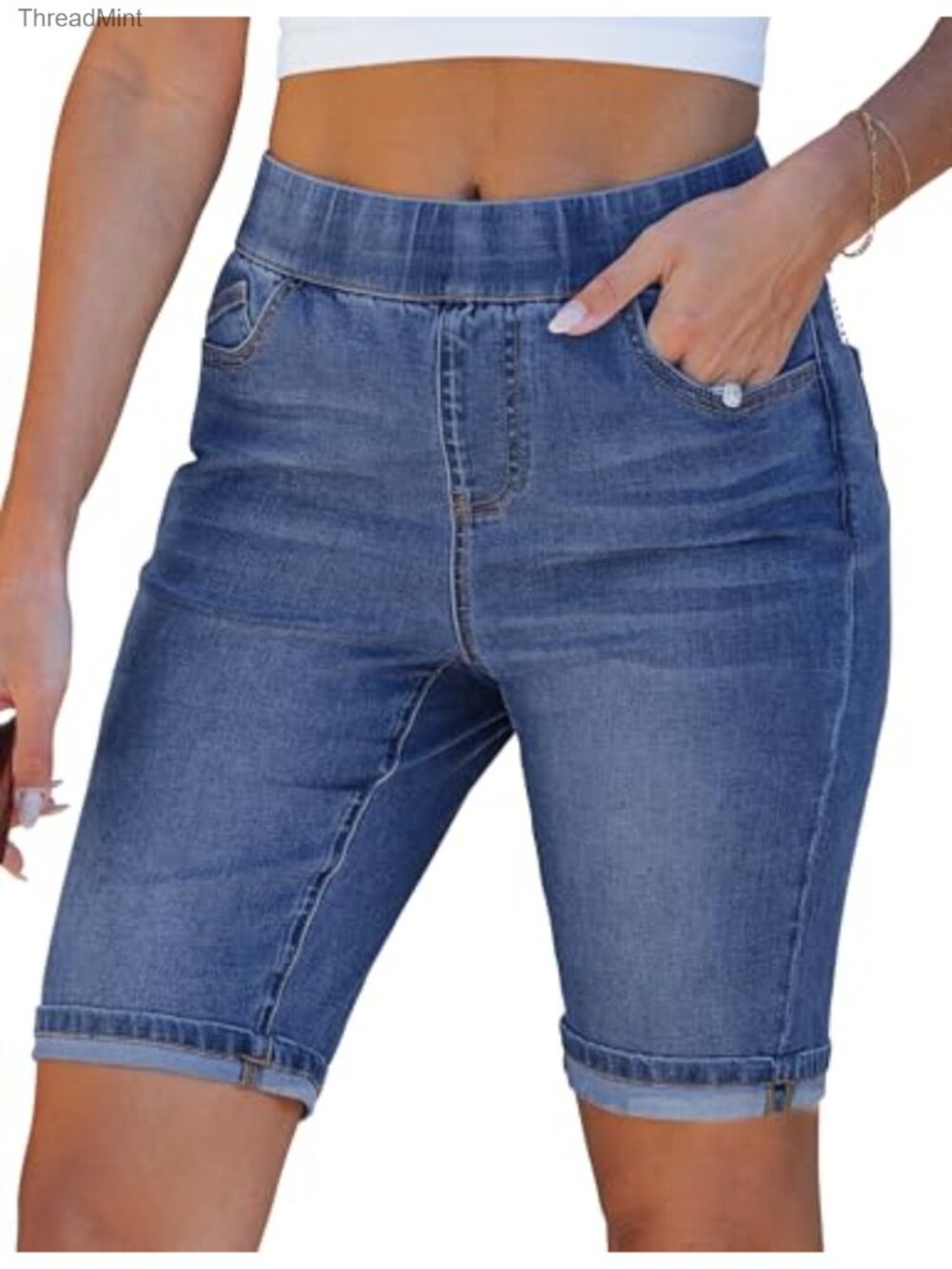 High Waisted Bermuda Shorts for Women with 10 Inch Inseam Stretchy Denim Long